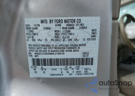 2009 Mercury Mariner Hybrid из США, поврежденный, VIN 4M2CU39389KJ10015